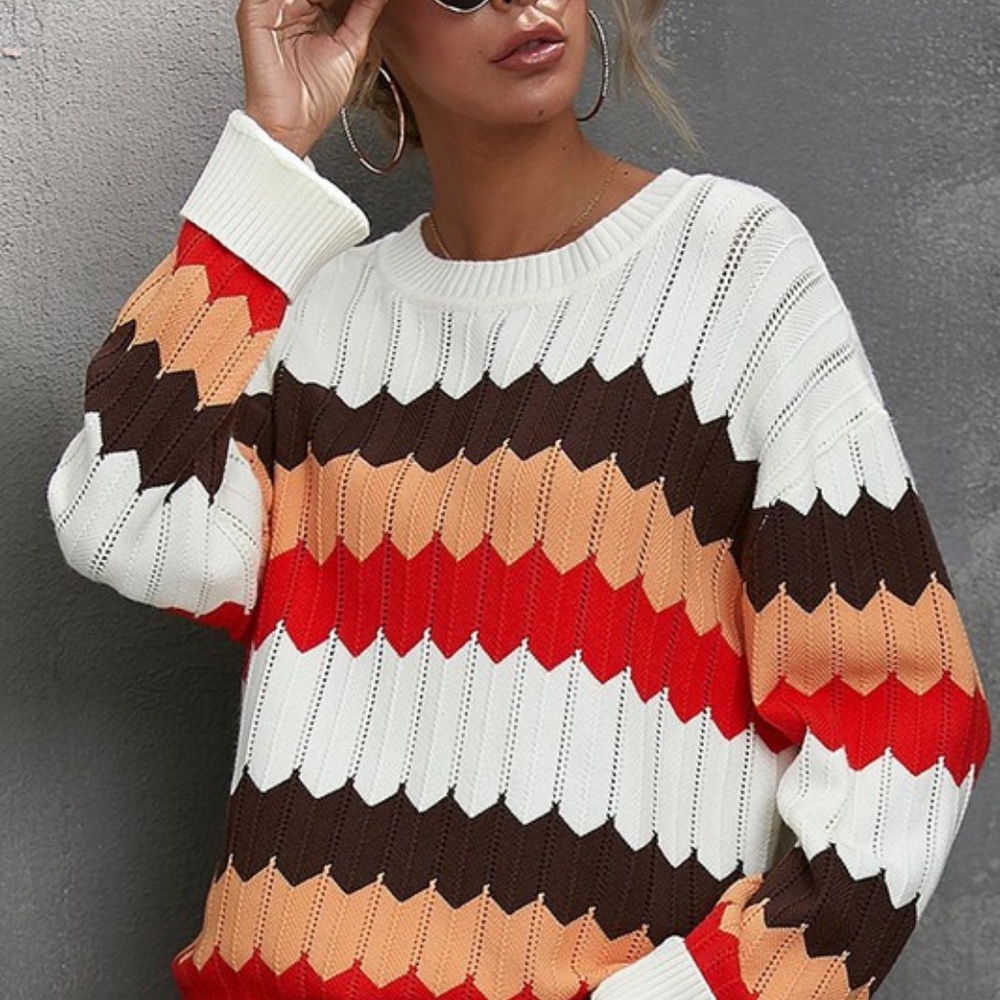 #51 Cream Color block oversized striped knit sweater - Picture 5 of 5